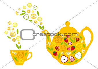 tea pot and cup with fruits, vector