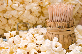 Wooden toothpicks in popcorn