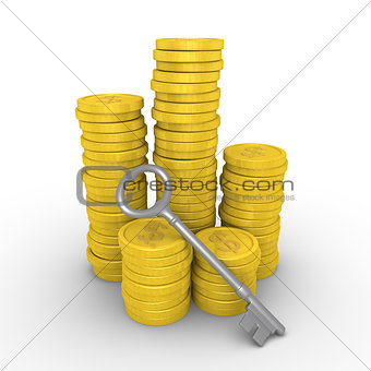Pile of dollar coins and key