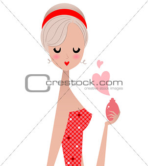 Beautiful woman holding perfume isolated on white ( red )