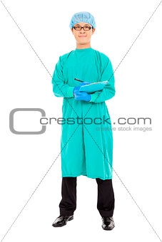portrait of surgeon or checker in mask and standing