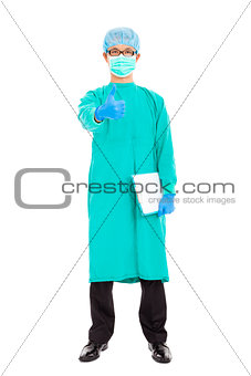 surgeon or checker thumb up  and standing over white 