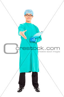 surgeon or checker standing and handshake over white 