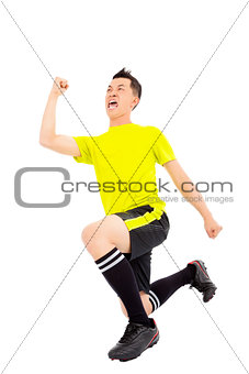 Excited young soccer player raised hand and kneeling down