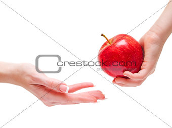 Childrengiving an apple to woman 