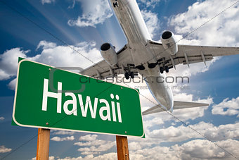 Hawaii Green Road Sign and Airplane Above
