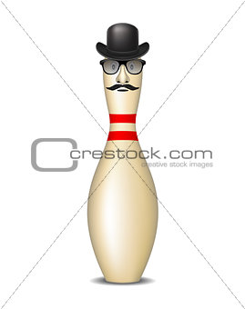 Bowling pin with bowler hat, mustache and glasses