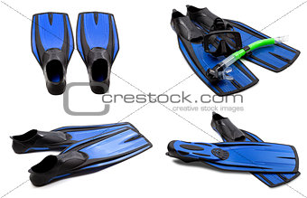 Set of blue swim fins, mask, snorkel for diving with water drops