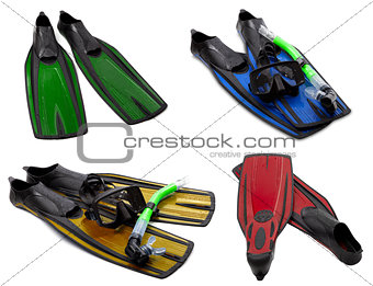 Set of multicolored flippers, masks, snorkel for diving with wat