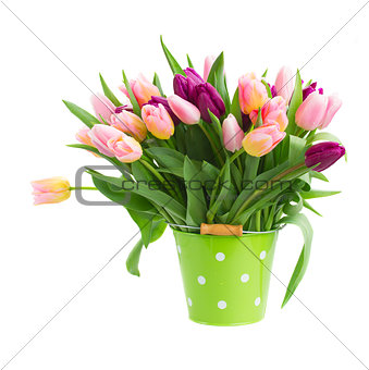 pink and violet tulips in pot