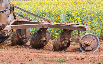 Tractor in flower garden