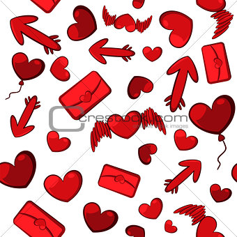 Seamless background of red hearts, arrows and letters