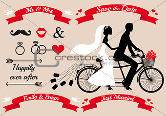 wedding couple on tandem bicycle, vector set