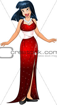 Asian Woman in Red Evening Dress