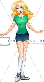 Blond Teenage Girl In TShirt And Short Pants