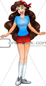 Brunette Teenage Girl In TShirt And Short Pants