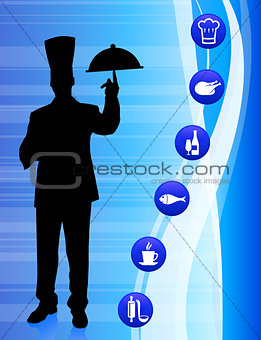 Chef on blue abstract background with internet button