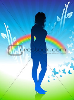 Sexy woman in nature internet background with rainbow