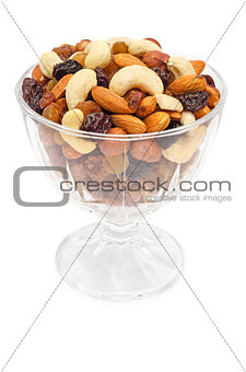 Mixed nuts and dry fruits in glass bowl 