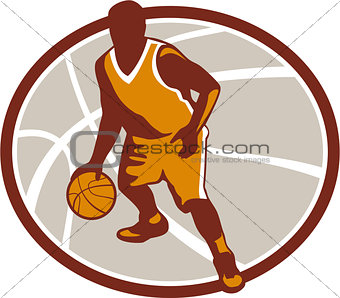 Basketball Player Dribbling Ball Oval Retro