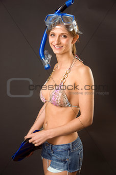 Smiling Female Snorkeler Wearing Swimsuit With Swim Fins and Mas
