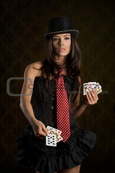 charming lady taking poker cards 