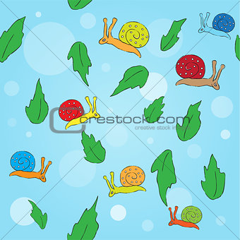 Cartoon snail and leaves seamless pattern.