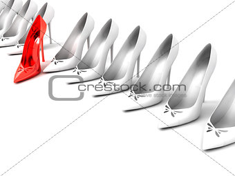 row of white lady shoes and one red shoe on a white background