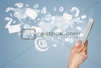 Hand, tablet pc, envelopes and letters