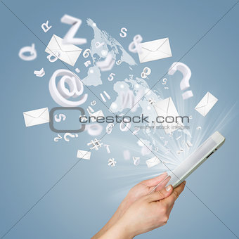 Hand, tablet pc, envelopes and letters