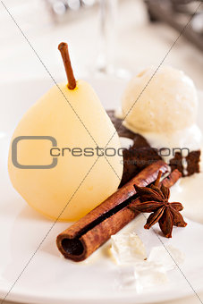 Dessert with poached pears