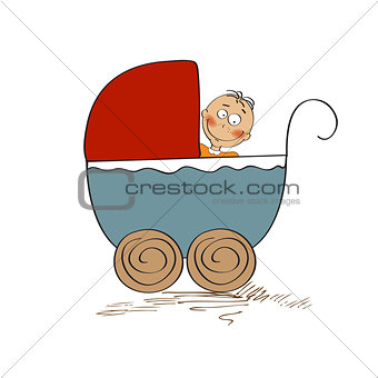 baby boy in stroller isolated on white background
