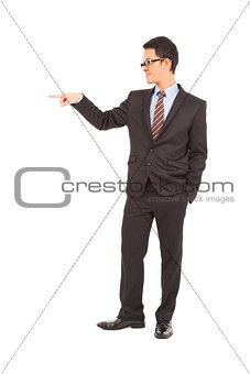 confident businessman raise hand to point something