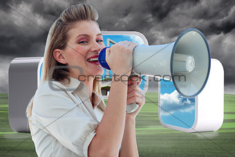 Composite image of beautiful businesswoman shouting through megaphone
