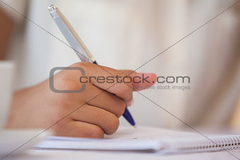 Mid section of a businesswoman writing in notepad