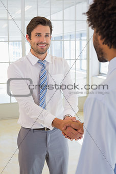 Smiling businessmen shaking hands in office