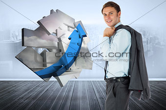 Composite image of smiling businessman holding his jacket