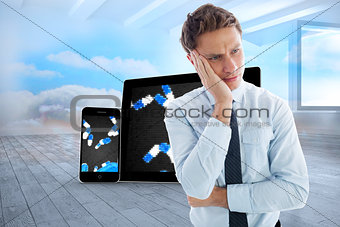 Composite image of upset thinking businessman