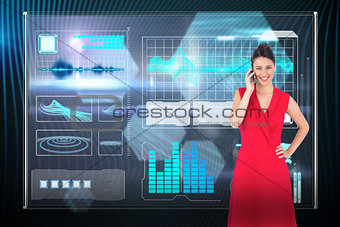 Composite image of cheerful elegant brunette in red dress on the phone posing