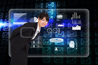 Composite image of smiling businesswoman bending