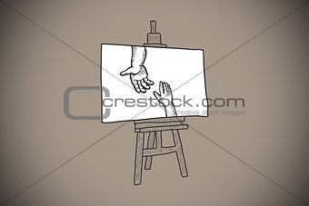 Composite image of hands joining doodle on easel