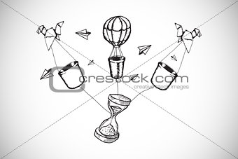 Composite image of time and hot air balloons doodle