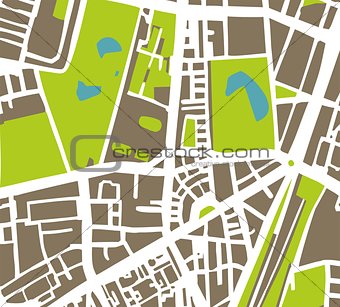 Abstract vector city map with white streets, dark brown buildings, green park and blue ponds