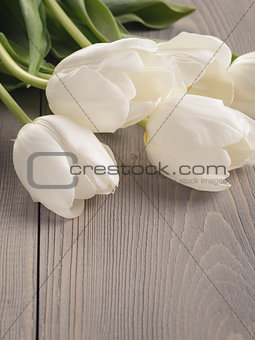 white tulips on old wood table