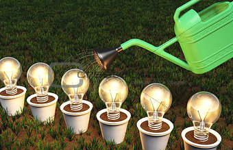 Row of light bulbs in pots is watered