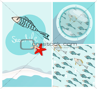 Set of nautical themed designs with swimming fish