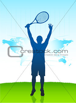 Tennis Player with World Map on Field