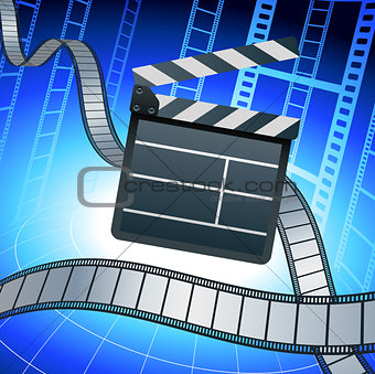 Film strip and clapper board on blue background