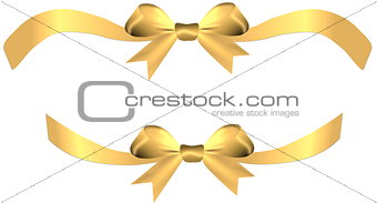 Satin golden bow with ribbons on the gift or heart isolated