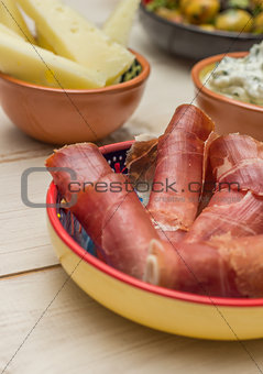 Tapas, cured ham and manchego
